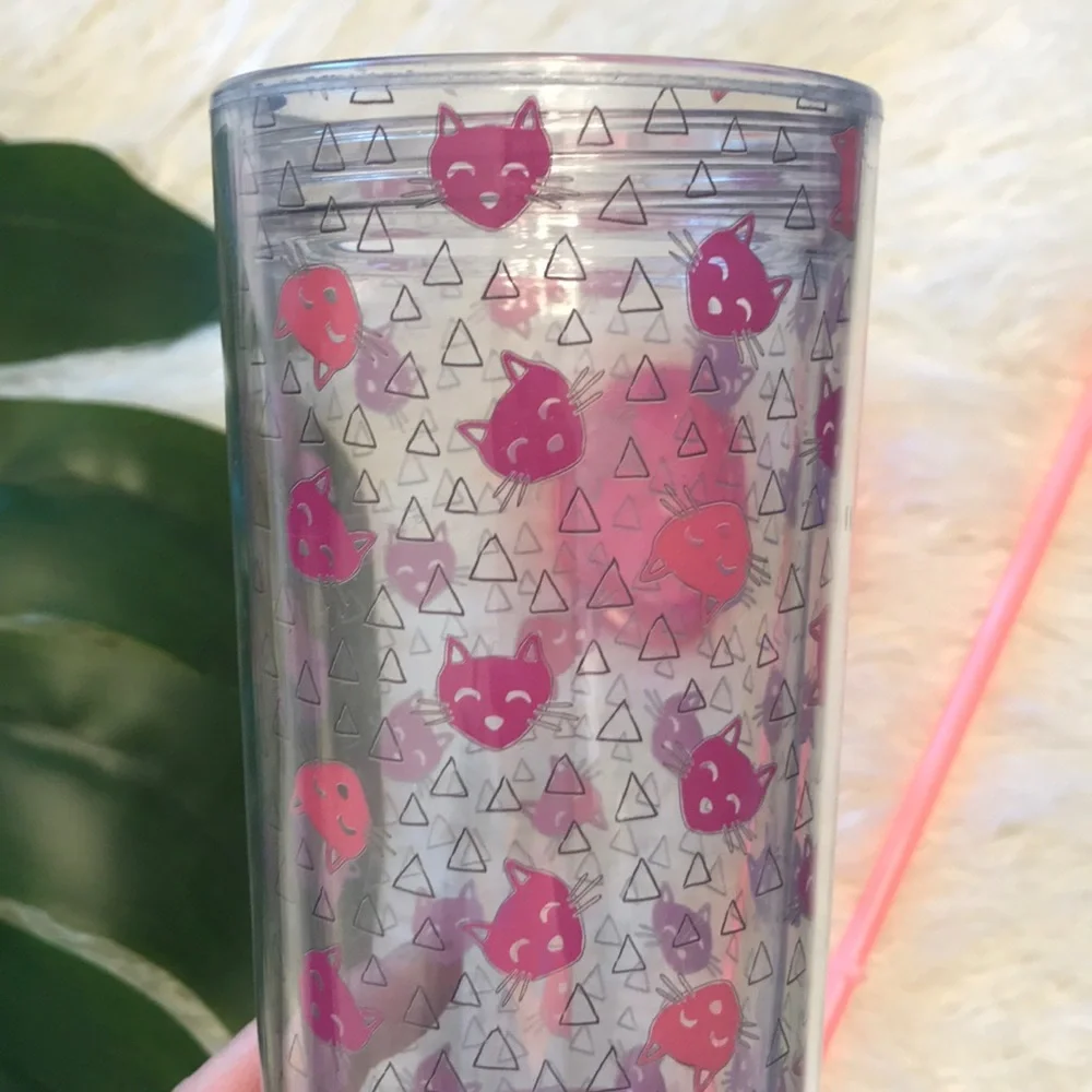 Target cat print tumbler drinking water cup with straw kitty graphic pink clear